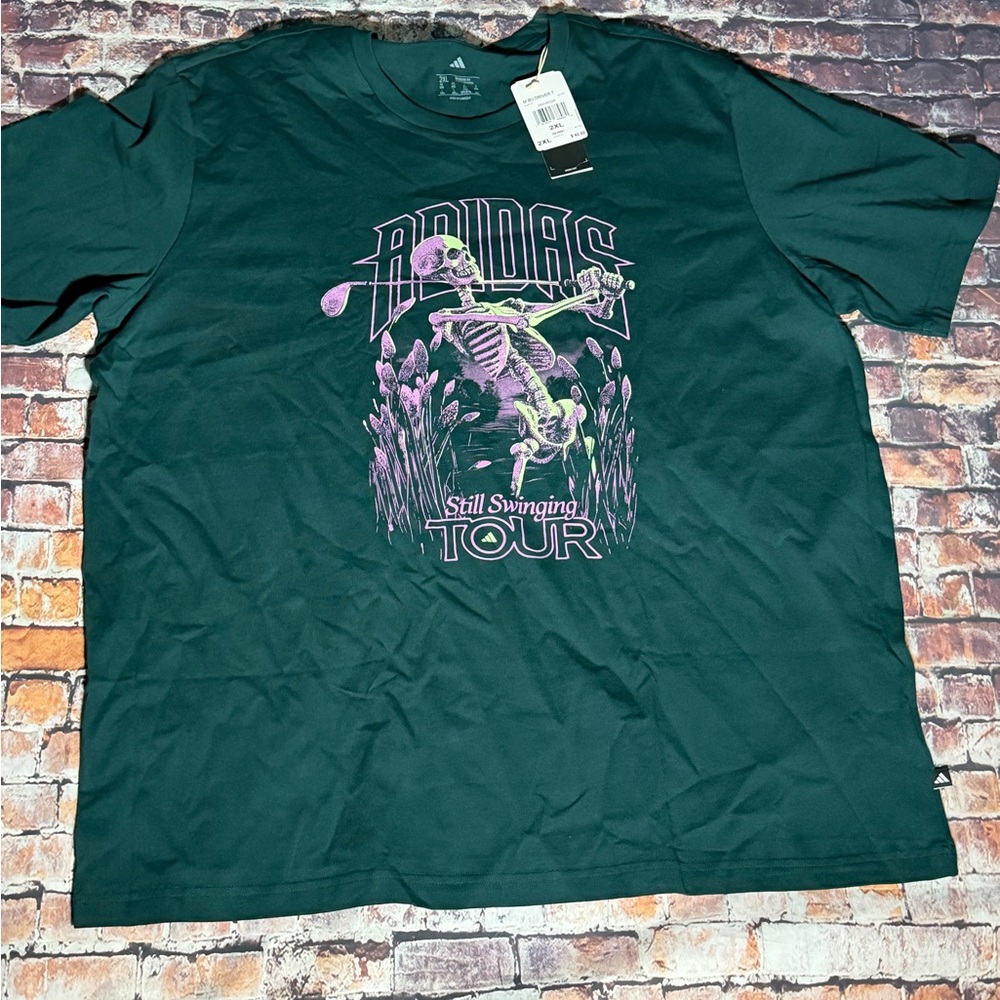 adidas Dark Green Short Sleeve Graphic Tee with Purple & Light Green Print
